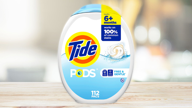 Tide Pods 112 Count Laundry Detergent Free and Gentle on a Table