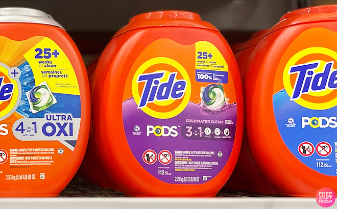 Tide Pods 112 Count Laundry Detergent in Different Scents on a Shelf