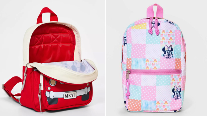 Toddler Mickey Mouse Backpack on the Left and Toddler Girls 10 Minnie Mouse Backpack on the right