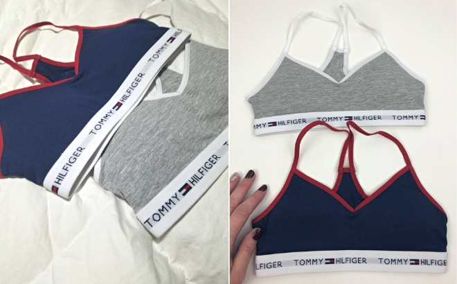 Tommy Hilfiger Girls Crop Sports Bra 2 Pack on the Bed on the Left and on a Table on the Right