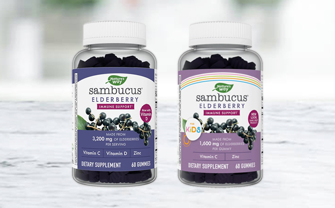 Two Bottles of Natures Way Sambucus Elderberry Gummies 60 Count for Adults and Kids on a Table