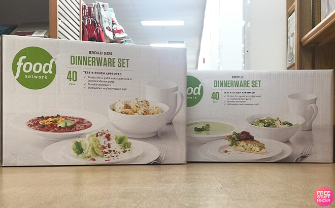 Two Boxes Of Food Network 40 Piece Dinerwear Set On The Floor