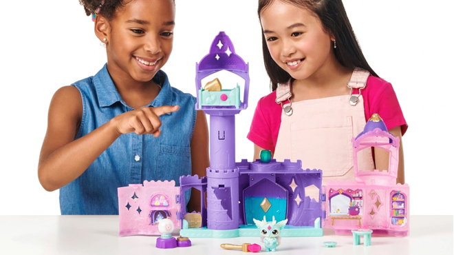 Two GirlsPlaying with the Magic Mixies Mixlings Magic Castle Expanding Playset in a Box