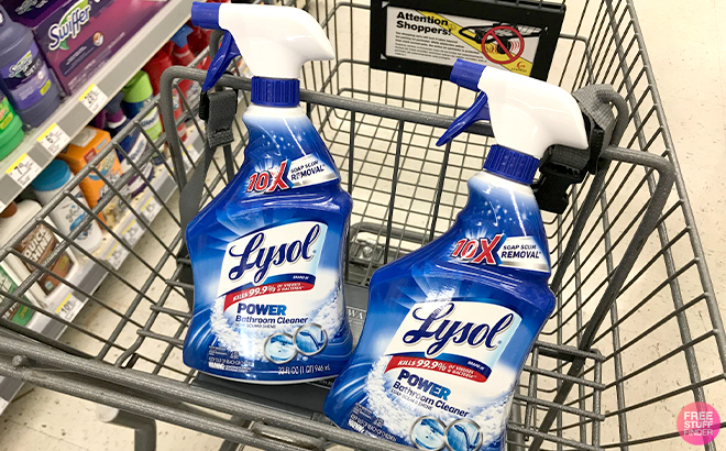Two Lysol Power Foaming Cleaning Spray for Bathrooms on a Cart