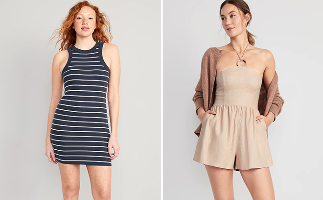 Two Models Wearing Old Navy Striped Womens Dresses and Linen Blend O Ring Halter Romper for Women