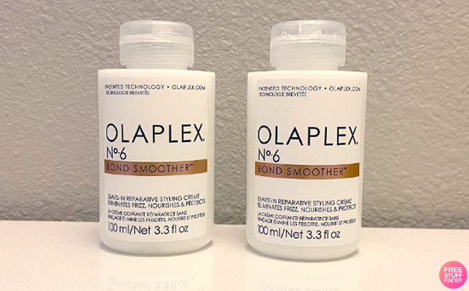 Two Olaplex No 6 Bond Smoothers on Bathroom Counter