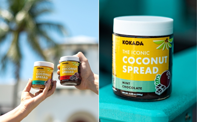 Two People Cheer with the Kokada Coconut Spread on the Left and the Mint Chocolate Flavor on the Right