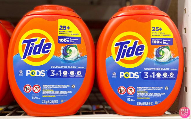 Two Tide Pods 112 Count Laundry Detergent in Coldwater Clean Original Scent on a Shelf