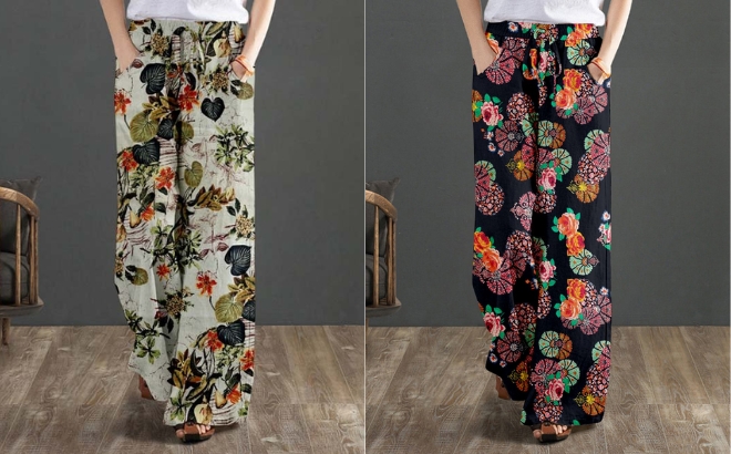 Two Women Wearing Pantalon Wide Leg Pants in Tropical and Floral Themes