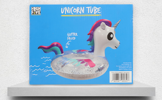 Unicorn Glitter Inner Tube Pool Floats on a Box