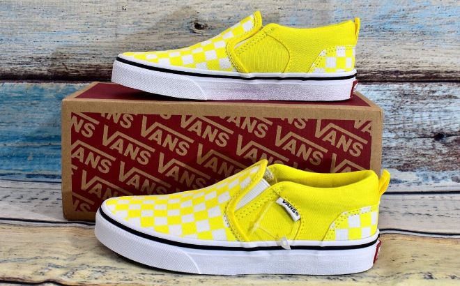 VANS Kids Asher Checkboard Slip On Shoes in Yellow Color