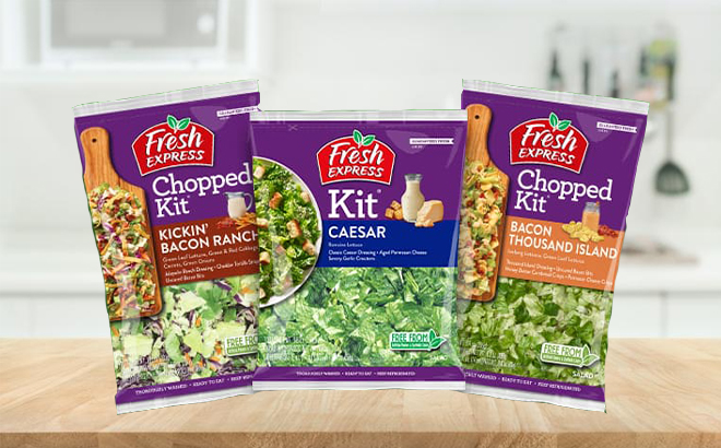 Variety of Fresh Express Salads in a Bag on Kitchen Countertop