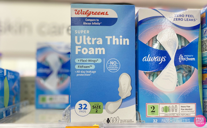 Walgreens Super Ultra Thin Foam 32 Count Pads on Shelf