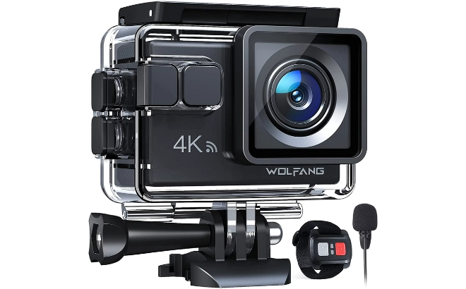 Wolfang GA100 Action Camera 4K 20MP Waterproof Underwater Camera on a White Background