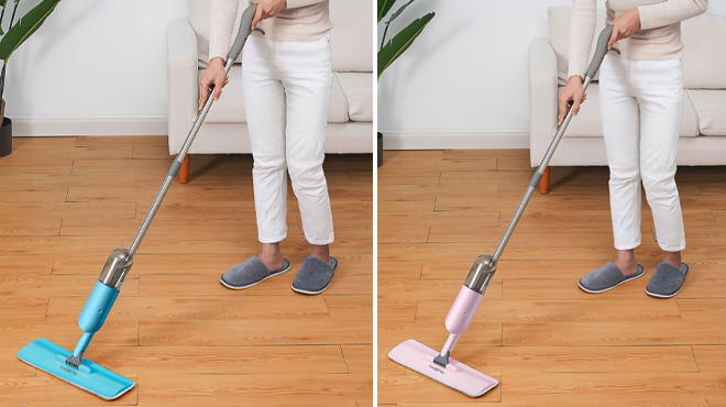 Woman Mopping with True Tidy Spray Mops in Blue and Pink Colors