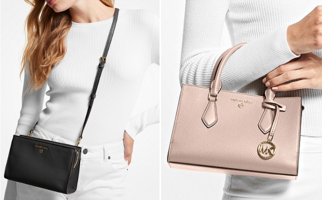 Woman Wearing the Michael Kors Valerie Medium Leather Crossbody Bag on the Left and the Valerie Small Pebbled Leather Satchel on the Right