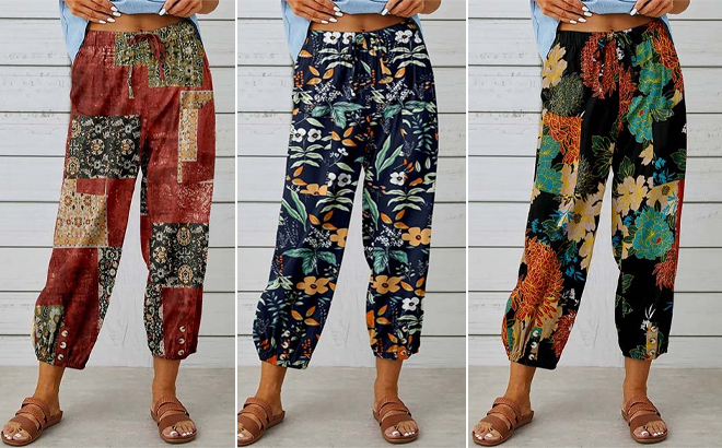 Womens Drawstring Crop Harem Pants in Three Colors on Model