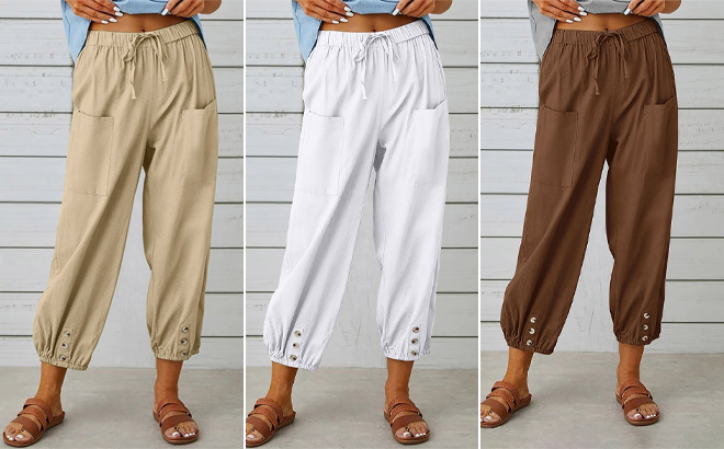 Womens Drawstring Crop Harem Pants in Three Colors on Models
