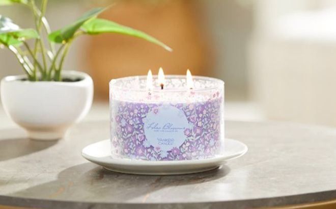 Yankee 3 Wick Candle Lilac Blossoms Scent On Table