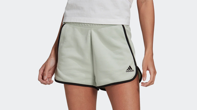 a Person Wearing an Adidas Womens French Terry High Rise Shorts