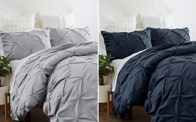 ienjoy home Pleated Duvet Cover Set in Light Gray and Navy ienjoy home Pleated Duvet Cover Set in Light Gray and Navy