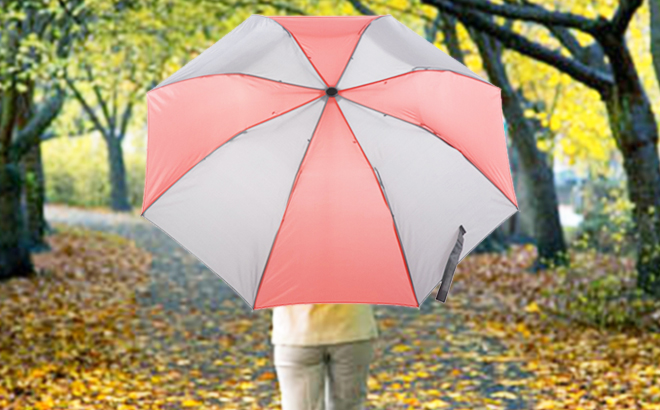 A Back View of a Woman with Totes Recycled Canopy Auto Open Umbrella in Grey and Pink Color