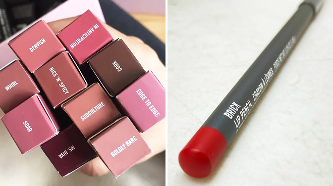 A Hand Holding Various Shades of MAC Lip Pencil on the Left and Closer Look of Same Item in Brick Color on the Right