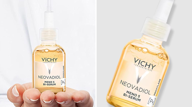 A Hand Holding Vichy Neovadiol Meno 5 Face Serum on the Left and a Bottle of the Same Item on the Right
