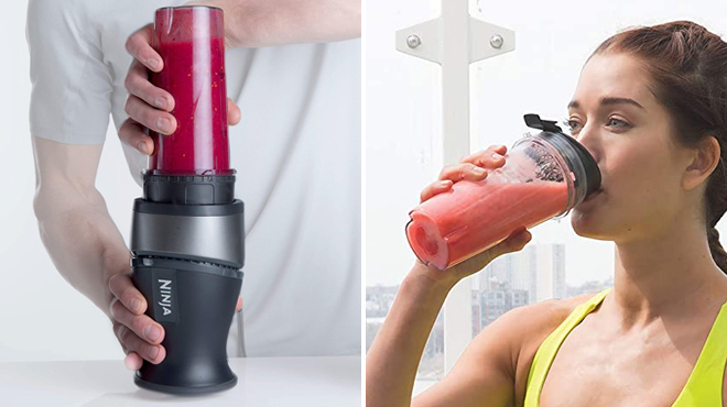 A Man Holding Ninja Fit Compact Personal Blender on the Left and a Woman Drinking from the Same Item on the Right