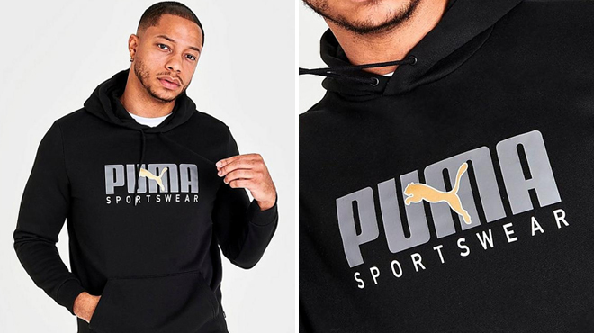 A Man Wearing Puma Mens Sportswear Core Graphic Hoodie on the Left and Closer View of Same Item on the Right