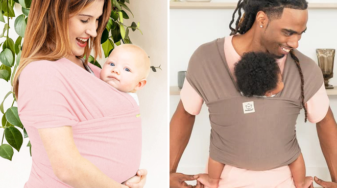 A Mom and Baby with Baby Wrap Carrier in Pink on the Left and Dad and Baby with Wrap Carrier Copper Gray on the Right