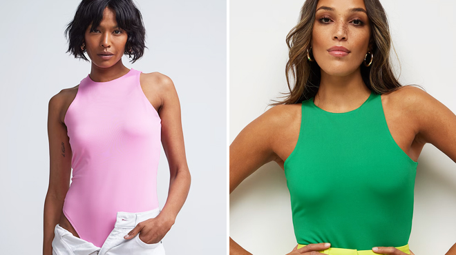A Woman Wearing New York Company Halterneck Bodysuit in Pink on the Left and Woman Wearing in Green on the Right