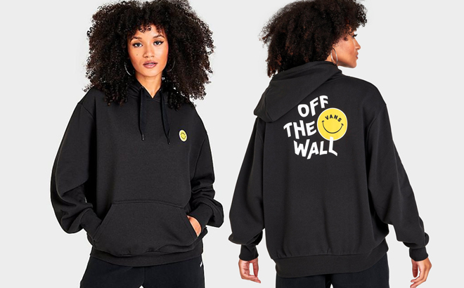 A Woman Wearing VANS Womens Oversized Pullover Hoodie on the Left and Back View of Same Item on the Right