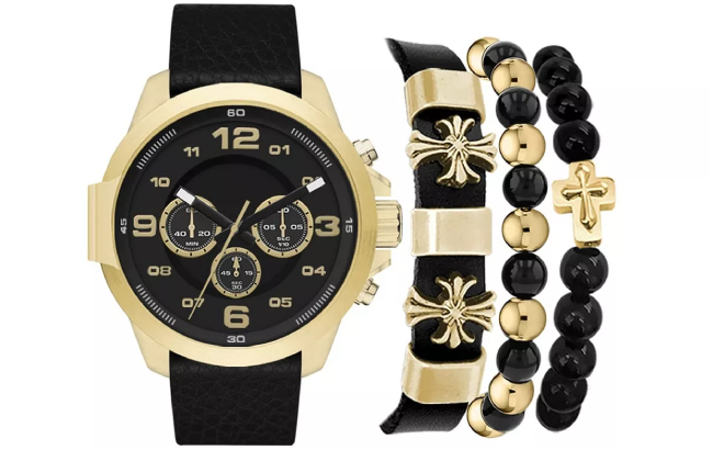 American Exchange Mens Chronograph Dial Quartz Black Leather Strap Watch and Bracelets Gift Set