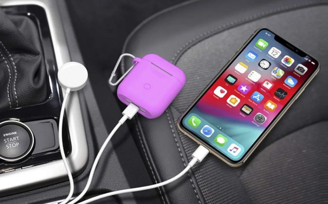 Apple Charger with Apple Devices Charging on a Car Seat