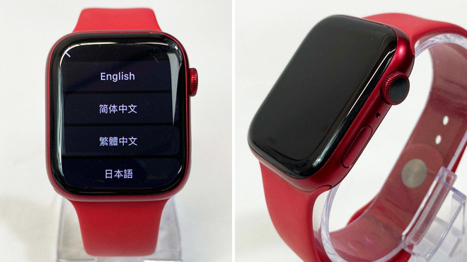 Apple Watch Series 7 in Red Color Front View on the Left and Side View on the Right