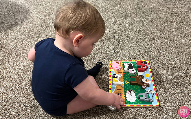 Baby Playing with Melissa & Doug Chunky Puzzle with Farm Animals on the Floor