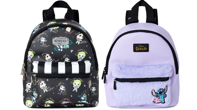 Beetlejuice Womens Mini Backpack On The Left and Disney Lilo Stitch Womens Mini Backpack On The Right Beetlejuice Womens Mini Backpack On The Left and Disney Lilo Stitch Womens Mini Backpack On The Right