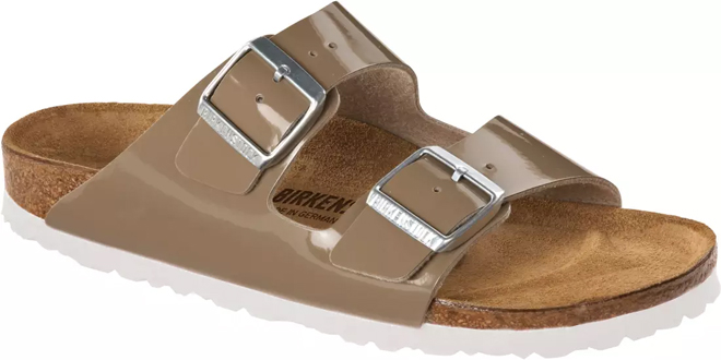 Birkenstock Womens Birko Flor Patent Sandals in the Color Fossil Birkenstock Womens Birko Flor Patent Sandals in the Color Fossil
