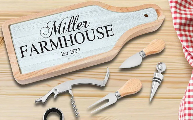 Cheese and Wine Tool Set with Engraved Glass Cutting Board