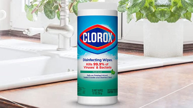 A 35-count Package of Clorox Disinfecting Wipes on a Kitchen Countertop