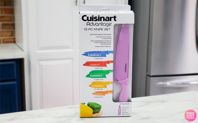 Cuisinart 12 Piece Knife Set in a Box on a Marble Kitchen Countertop
