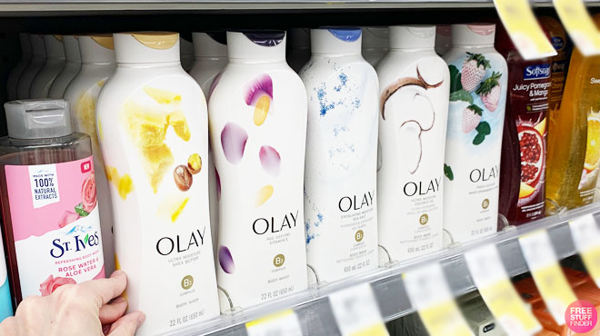 Different Variants of Olay Body Wash in a Store Shelf