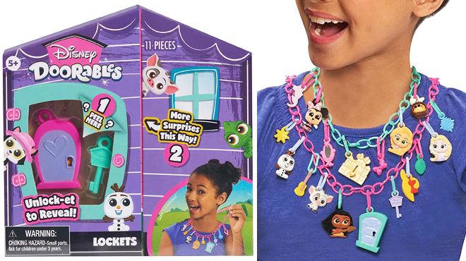 Disney Doorables Lockets Mix and Max Jewelry Set on the Left and a Girl Wearing the Same Item on the Right