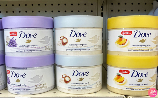 Dove Exfoliating Body Polish Body Scrub on a Shelf