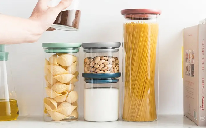 Five Berghoff Multi Leo Glass Food Containers on a Marble Kitchen Counter