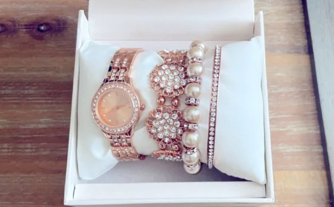 Folio Womens Rose Gold Tone Watch Bracelet Set