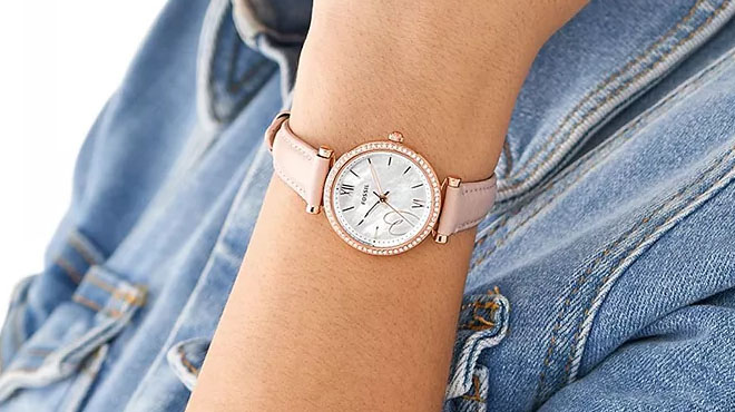 Fossil Womens Carlie Three Hand Pink Leather Strap Watch