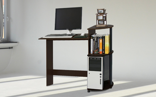 Furinno Compact Computer Desk with Shelves Round Side EspressoBlack