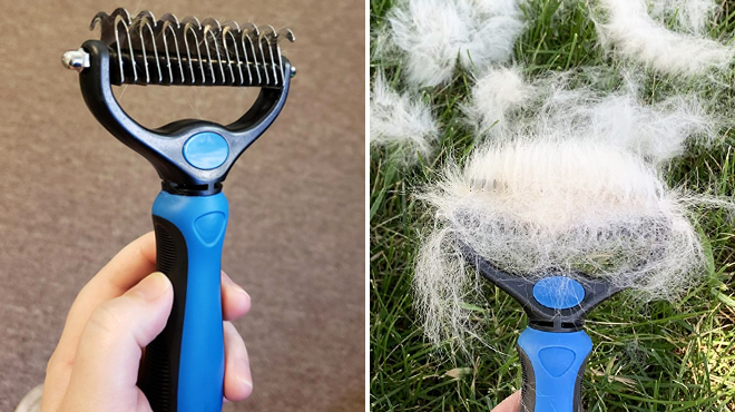 Hand Holding a Pet Deshedding Brush on the Left and a Picture of Same Item with Pet Fur on the Right